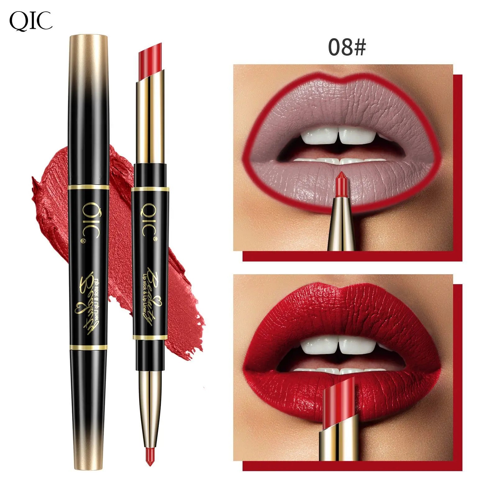 2-in-1 waterproof red lipstick and lip liner pencil for long-lasting matte finish and precise lip makeup application.