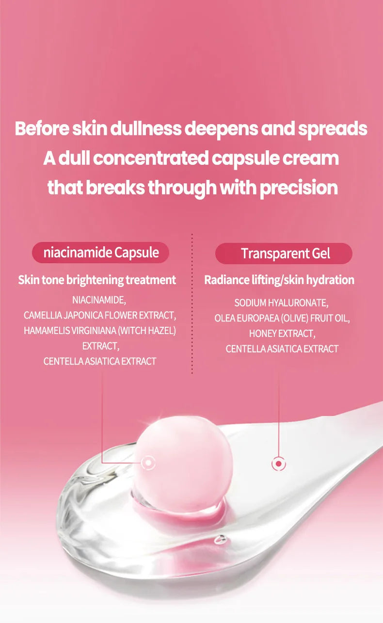 A pink capsule sits on a clear gel texture on a spoon, illustrating a Korean brightening and hydrating facial cream.