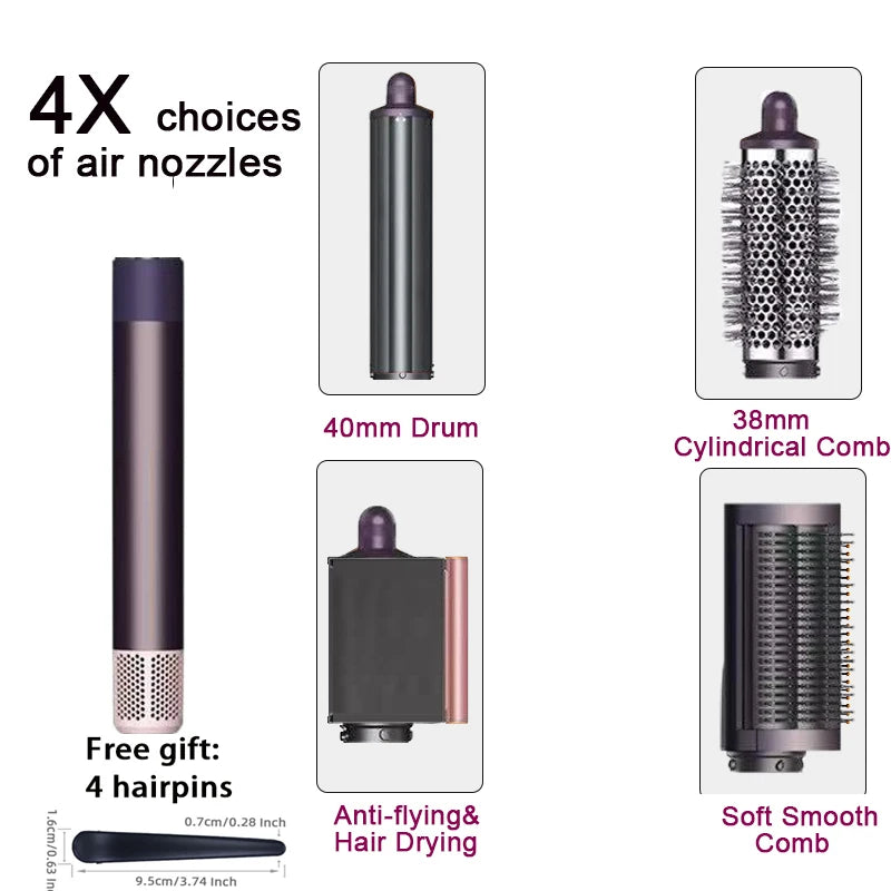 SenCiciMen 6-in-1 hot air brush set with gray curling barrels, 38mm round brush, dryer attachment, and 4 hair clips.