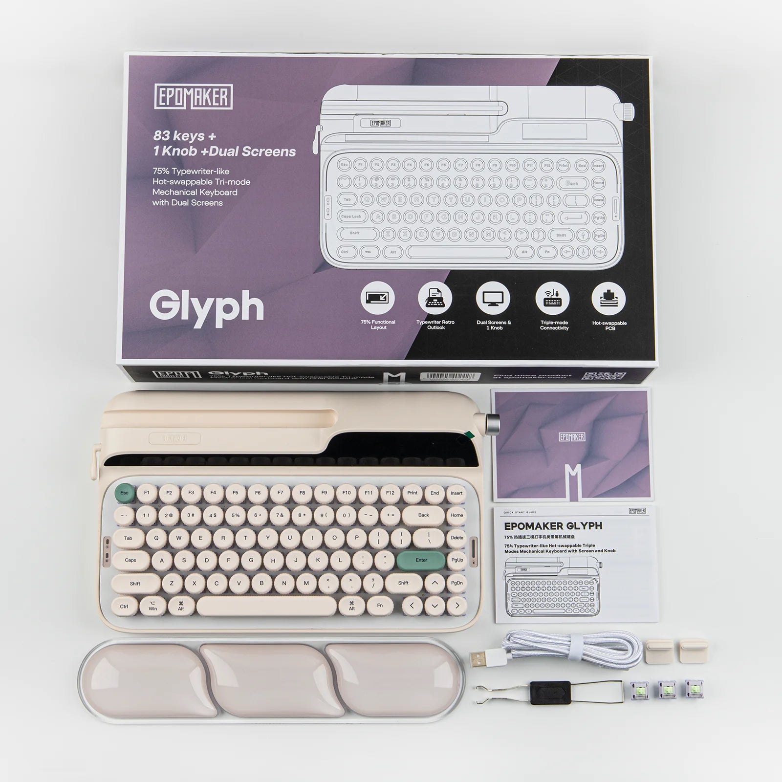 EPOMAKER Glyph 75% ANSI US Layout Wired/2.4Ghz/BT Wireless Typewriter Retro Mechanical Keyboard with TFT Screen & Rotary Knob