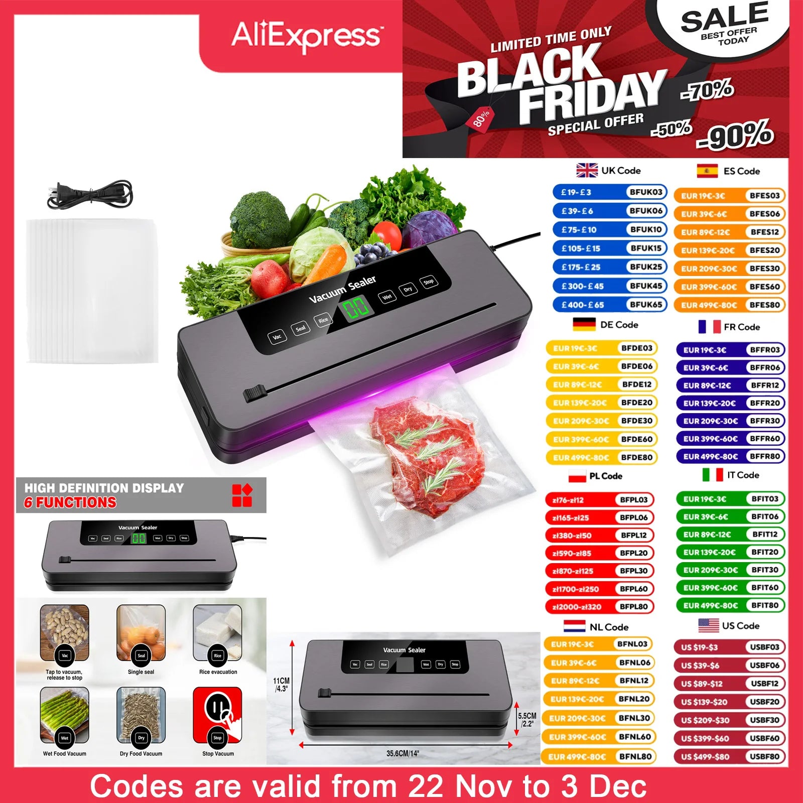 Tidesmit DayPlus automatic vacuum sealer machine for dry and wet food with 10 free sealing bags front view