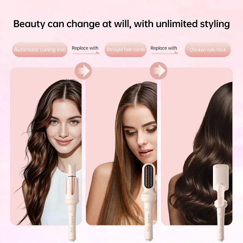 Automatic negative ion hair styler in beige with curling, straightening, and wave attachments for salon-quality hair.