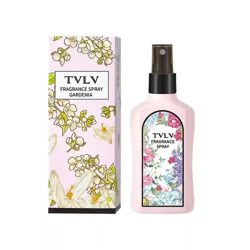 TVLV Gardenia fragrance spray for women, long-lasting floral scent in a slim pink bottle with botanical box packaging.