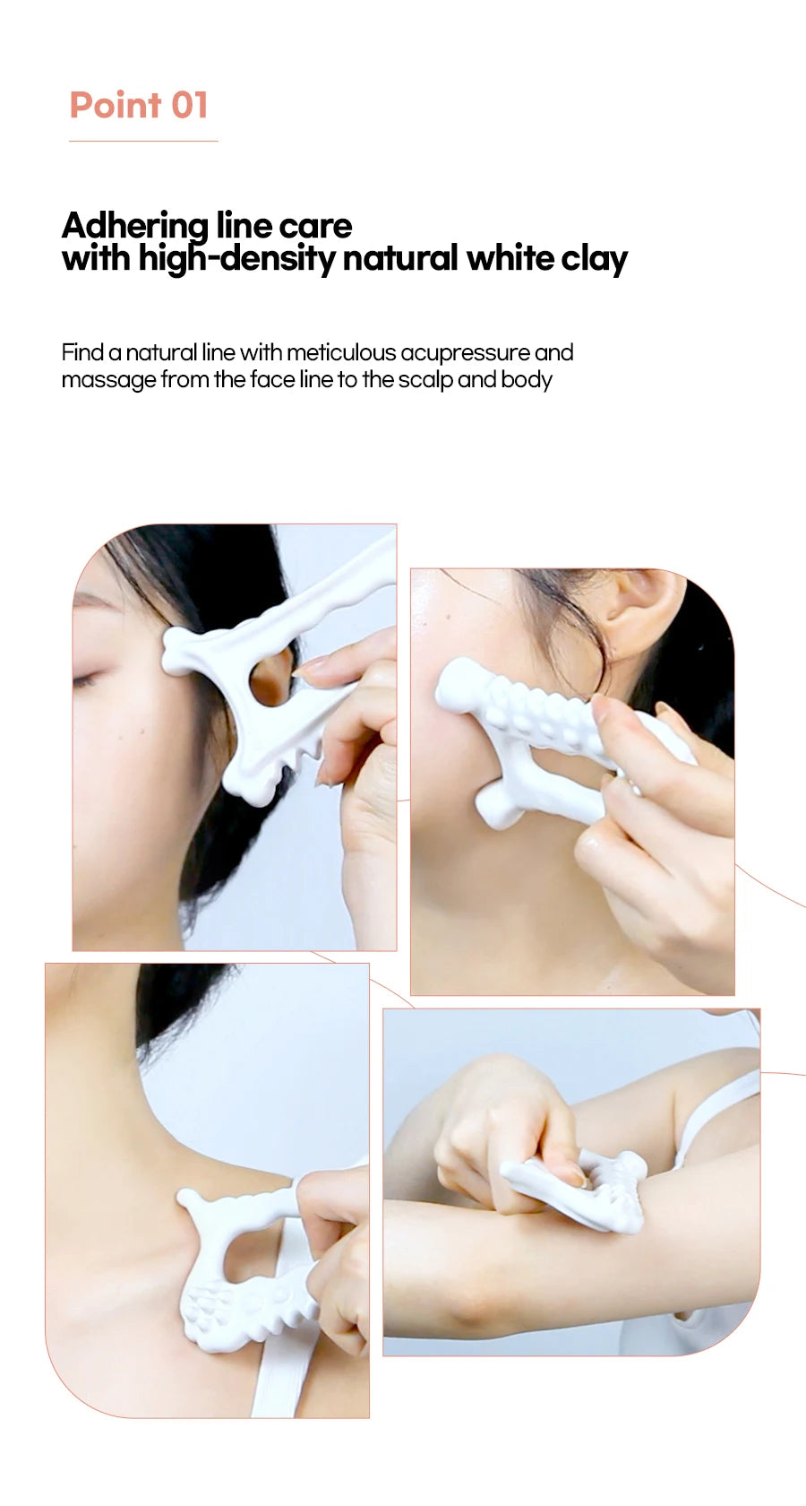 White ceramic multi-pronged gua sha massage tool being used on a person's face, neck, and arm.