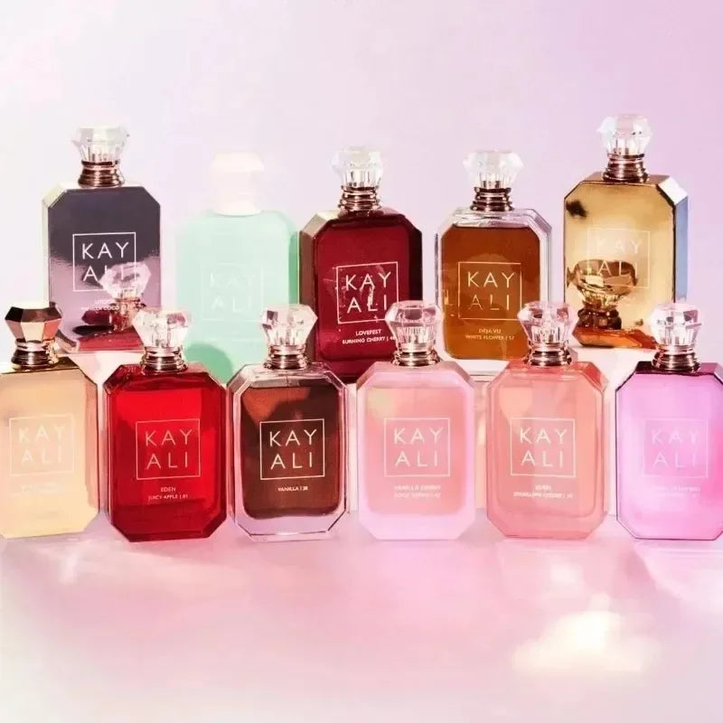 KAYALI Eau de Parfum collection: luxury floral, fruity, vanilla, and woody scents in iconic rectangular glass bottles.