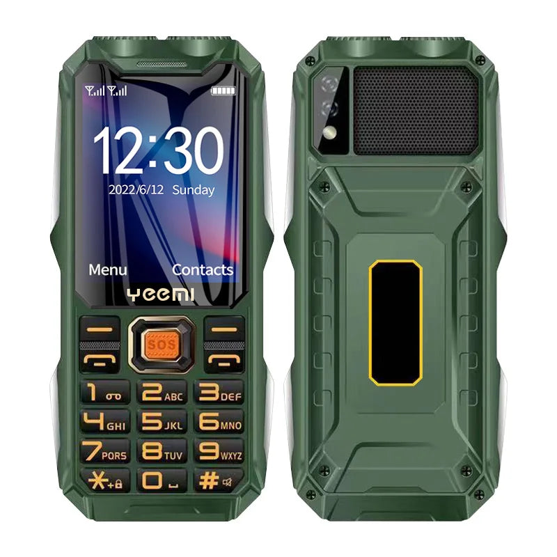 Green YEEMI Q8 2G mobile phone: front view with large keyboard and back view showing dual flashlight and loud speaker.