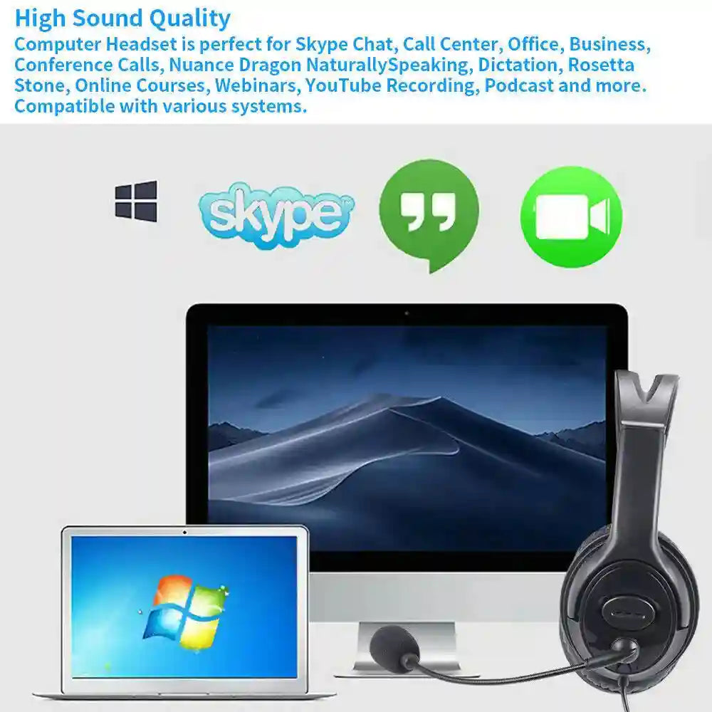 USB Wired Headset with Noise Cancelling Mic for PC - Black Tidesmit