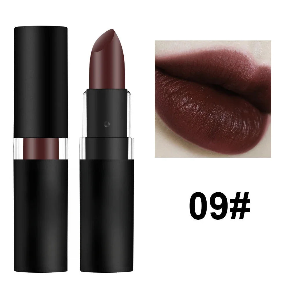 Matte dark wine red lipstick, #09, in black waterproof casing with swatch showing long-lasting sexy lip makeup.