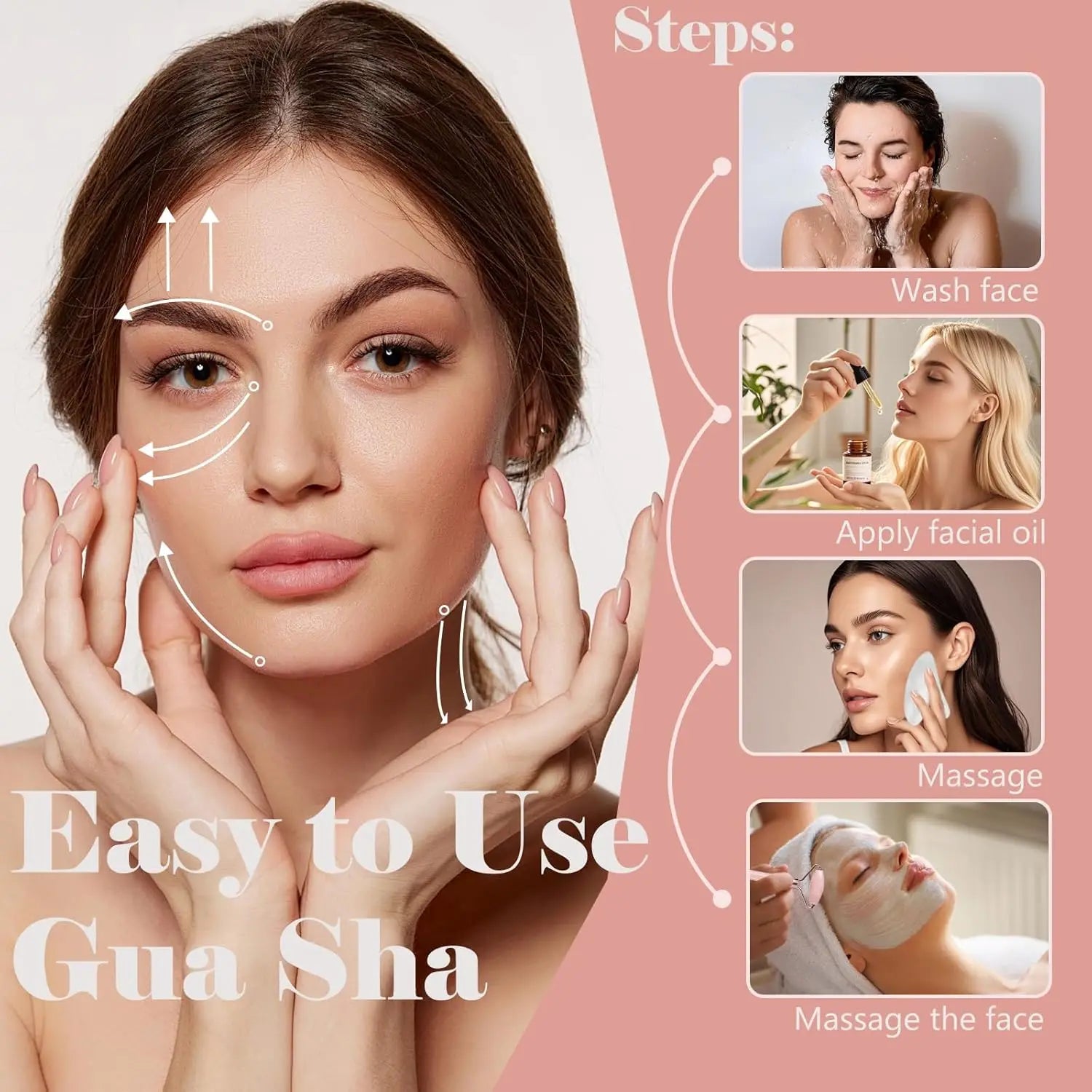 Instructional graphic showing steps for using a white stone gua sha and facial roller for a skincare massage routine.