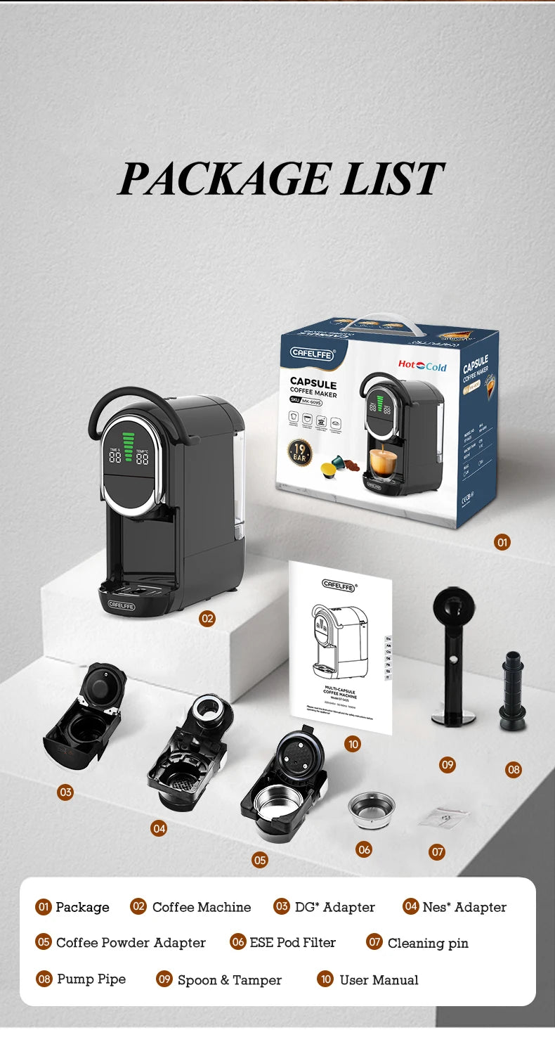 Cafelffe 19-bar black capsule coffee maker with adapters, cleaning tools, and packaging included.