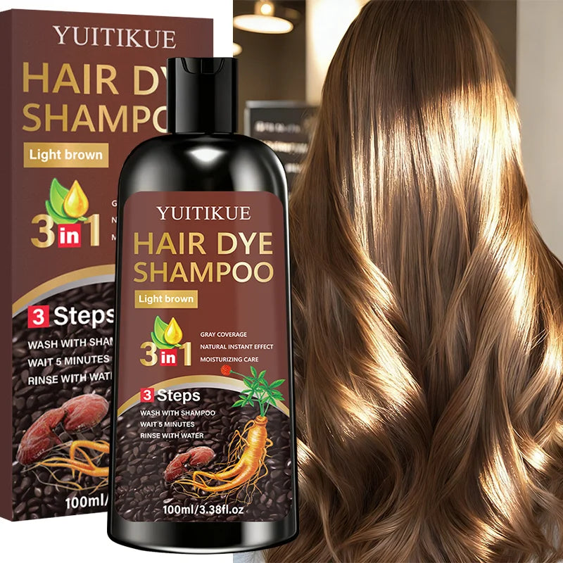 YUITIKUE Light Brown Hair Dye Shampoo 100ml - 3-in-1 Gray Coverage Natural Instant Hair Color Shampoo