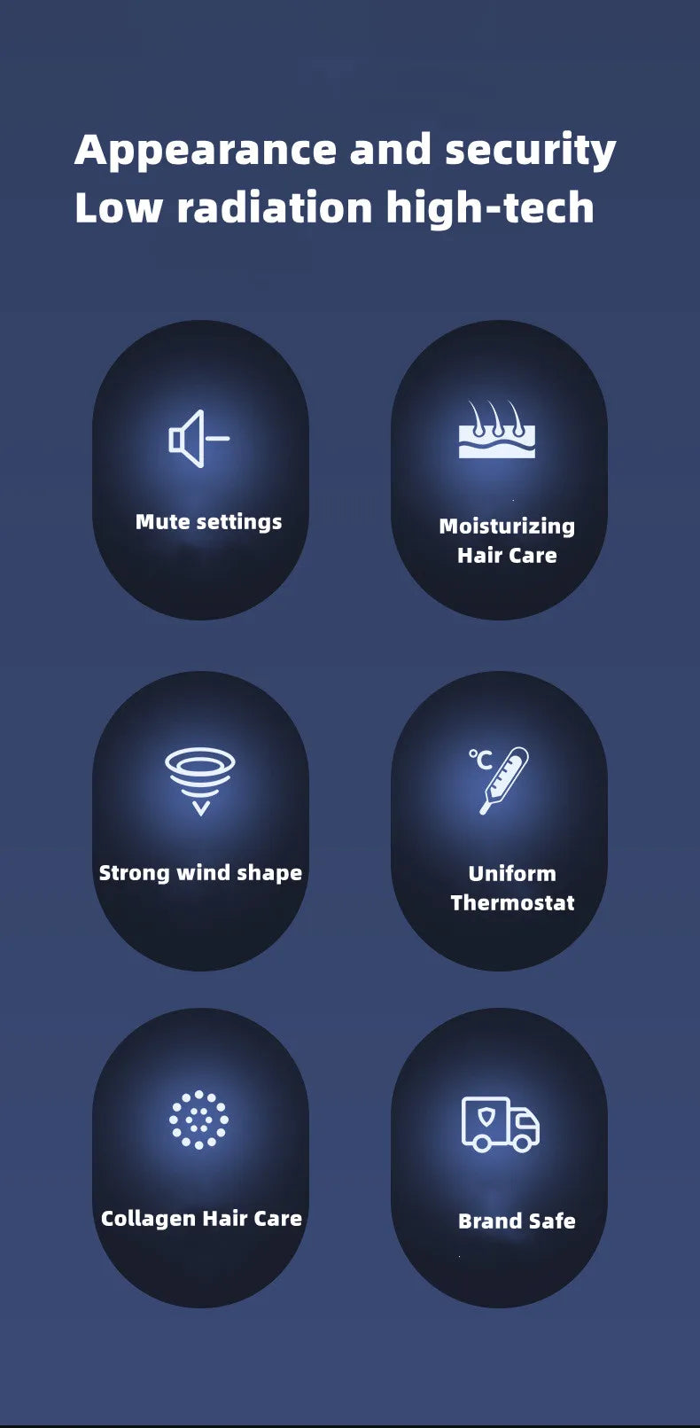 Blue light negative ion hair dryer features: mute, moisturizing, collagen care, thermostat, and low radiation.