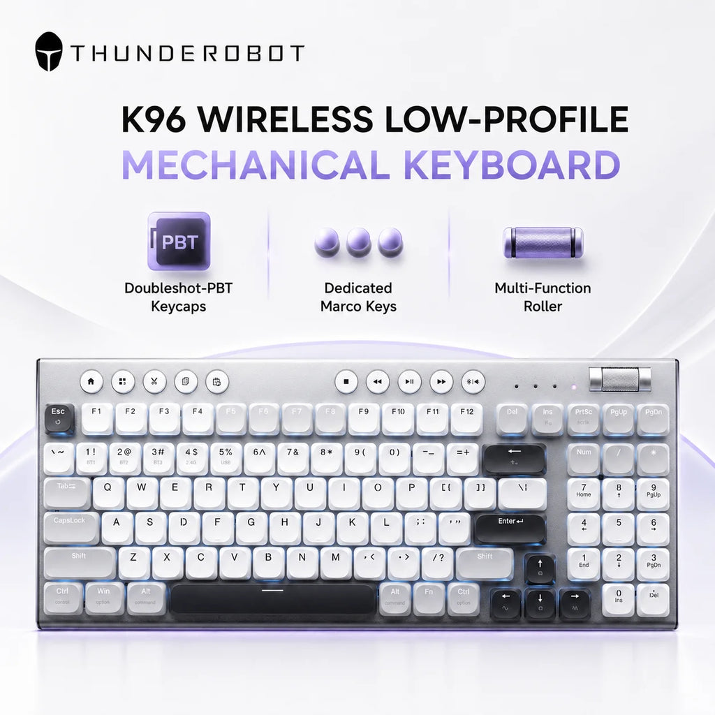 THUNDEROBOT K96 Wireless Mechanical Keyboard Low-profile Productivity Keyboard 98 Keys with Roller Marco Keys PBT Keycaps For PC