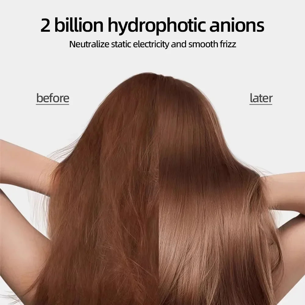 Before and after results of negative ion hair dryer smoothing frizz and static for shiny, salon-quality hair care.