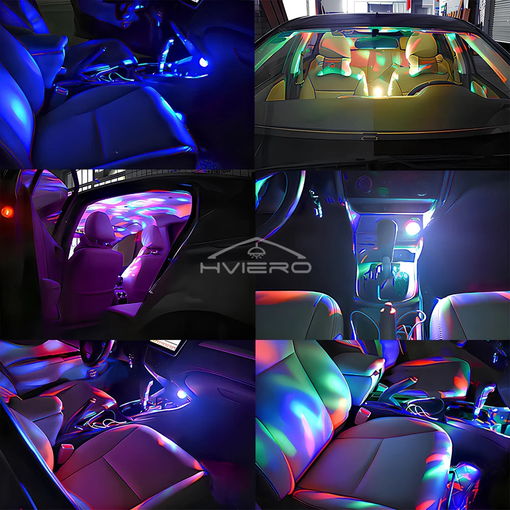 Multicolor LED car interior atmosphere projector light creating vibrant lighting patterns on seats and ceiling.