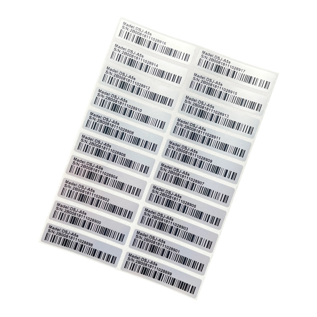 100pcs matte silver PET barcode labels, 40x10mm. Durable, fade-resistant serial number stickers for pet product labeling.