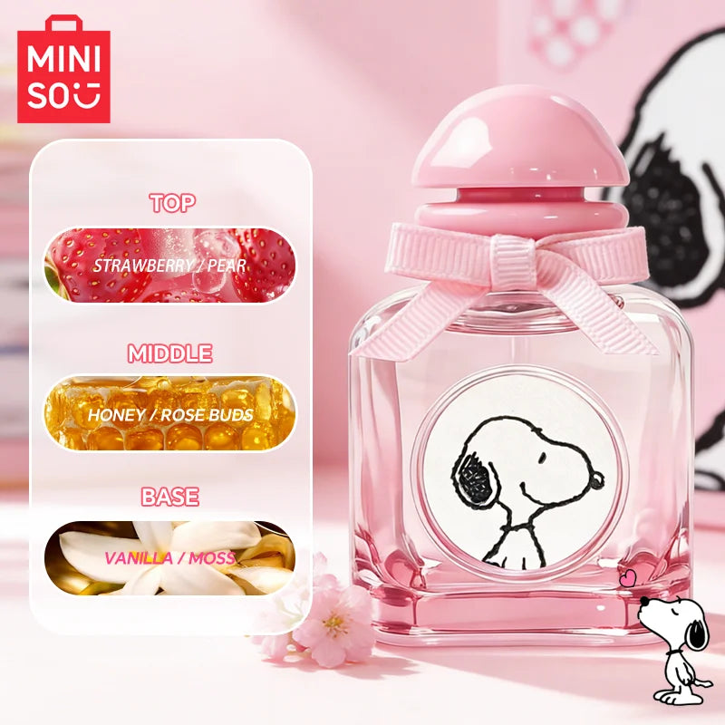 MINISO Snoopy fruity floral perfume for women. 50ml square glass bottle with pink bow, strawberry, rose, and vanilla.