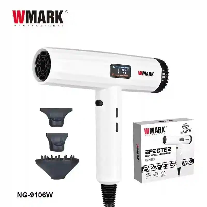 WMARK NG-9106W professional white hair dryer with LED display, three nozzle attachments, and 2000W high-speed motor.