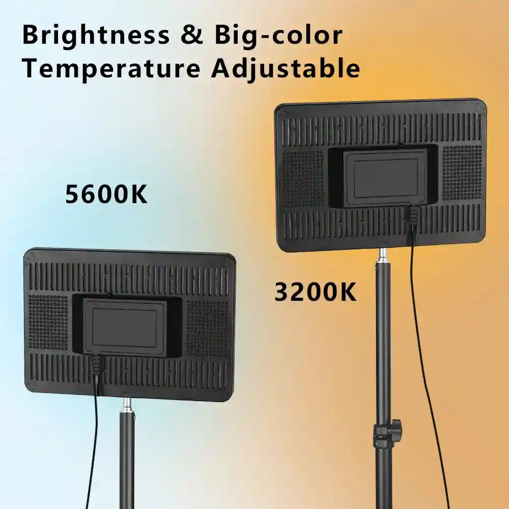 Two black, rectangular LED video panels on adjustable stands, showing 3200K warm and 5600K cool light settings.