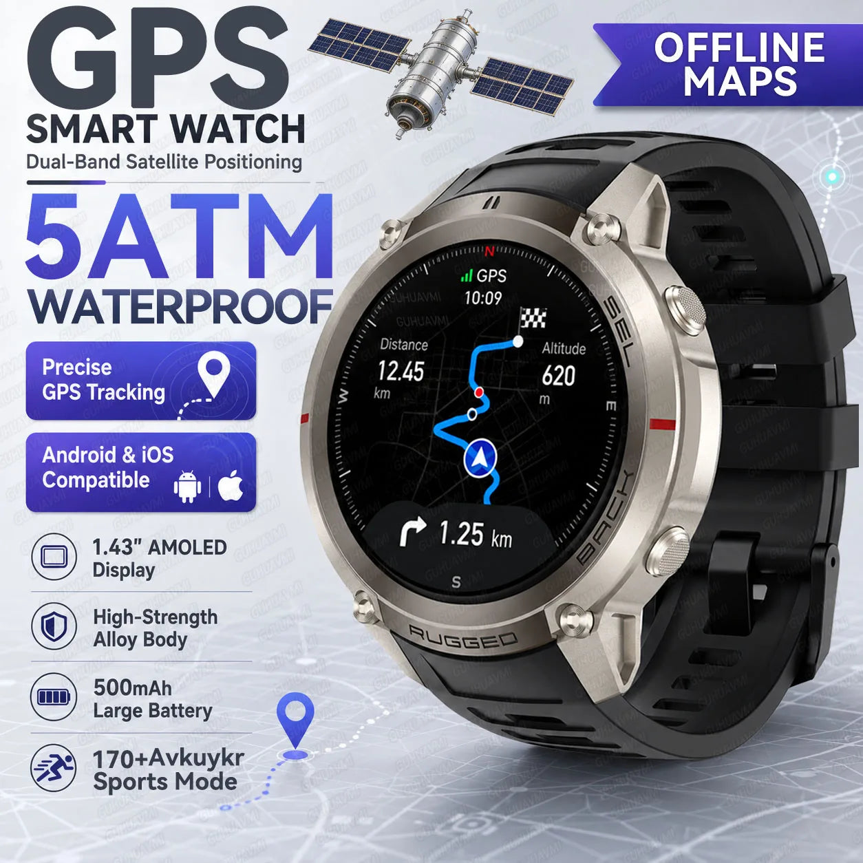 New Outdoor Sport GPS Position Smart Watch Men 1.43'AMOLED 170+Sport Mode 5ATM Waterproof Heart Rate Fitness Tracker Bracelets
