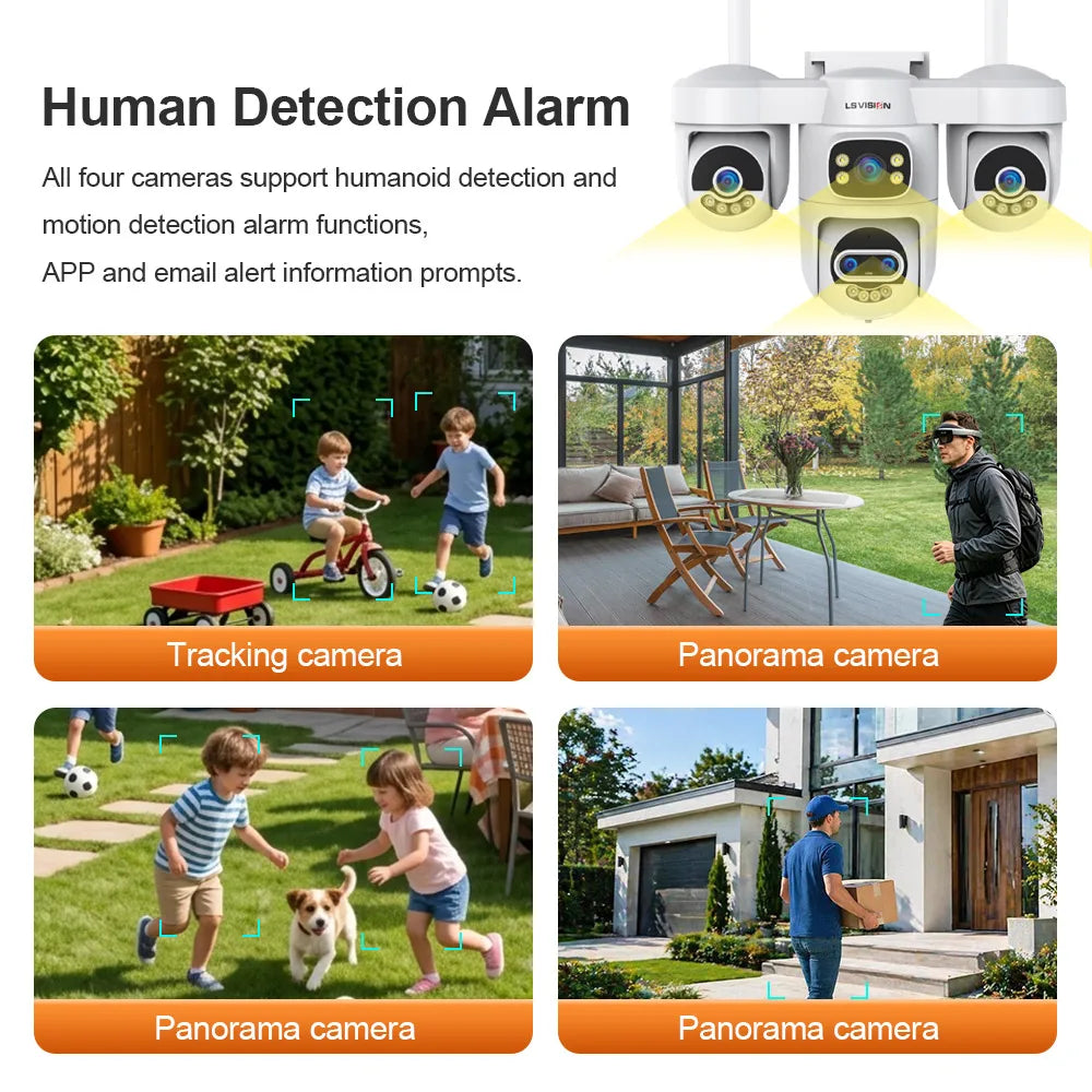 LS VISION 20MP 10X Zoom Three PTZ WiFi Security Camera Outdoor Four Screens 5-Lens Auto Tracking PC Client CCTV Cam Okam Pro App