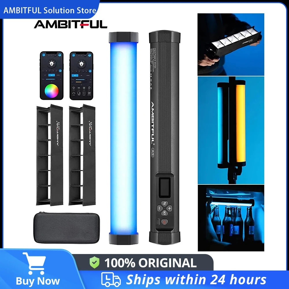 A2 RGB LED light wand with honeycomb grids, carrying case, and app control for professional photography lighting.