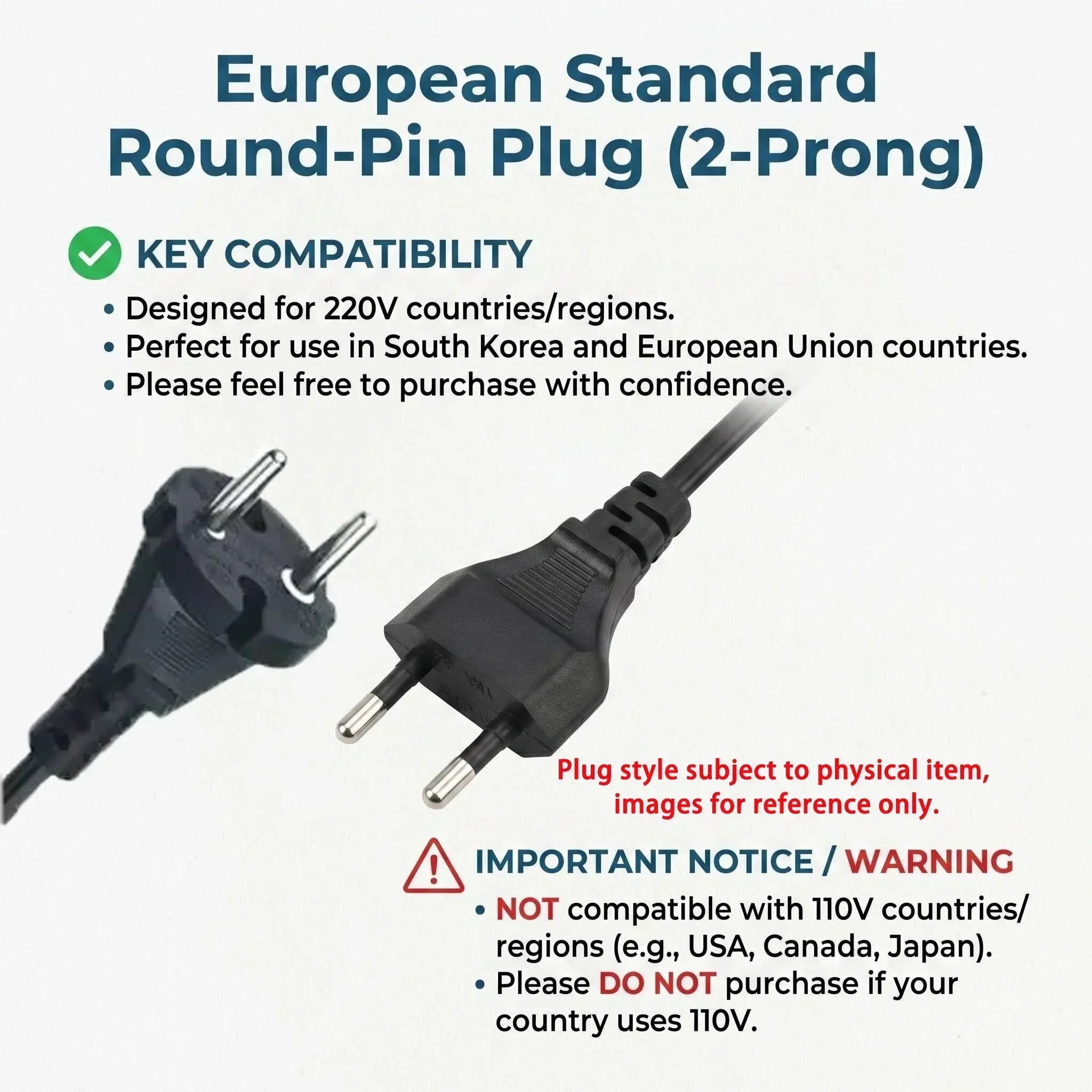 Black 2-prong European standard round-pin plug for 220V hair dryer compatibility in EU and South Korea.