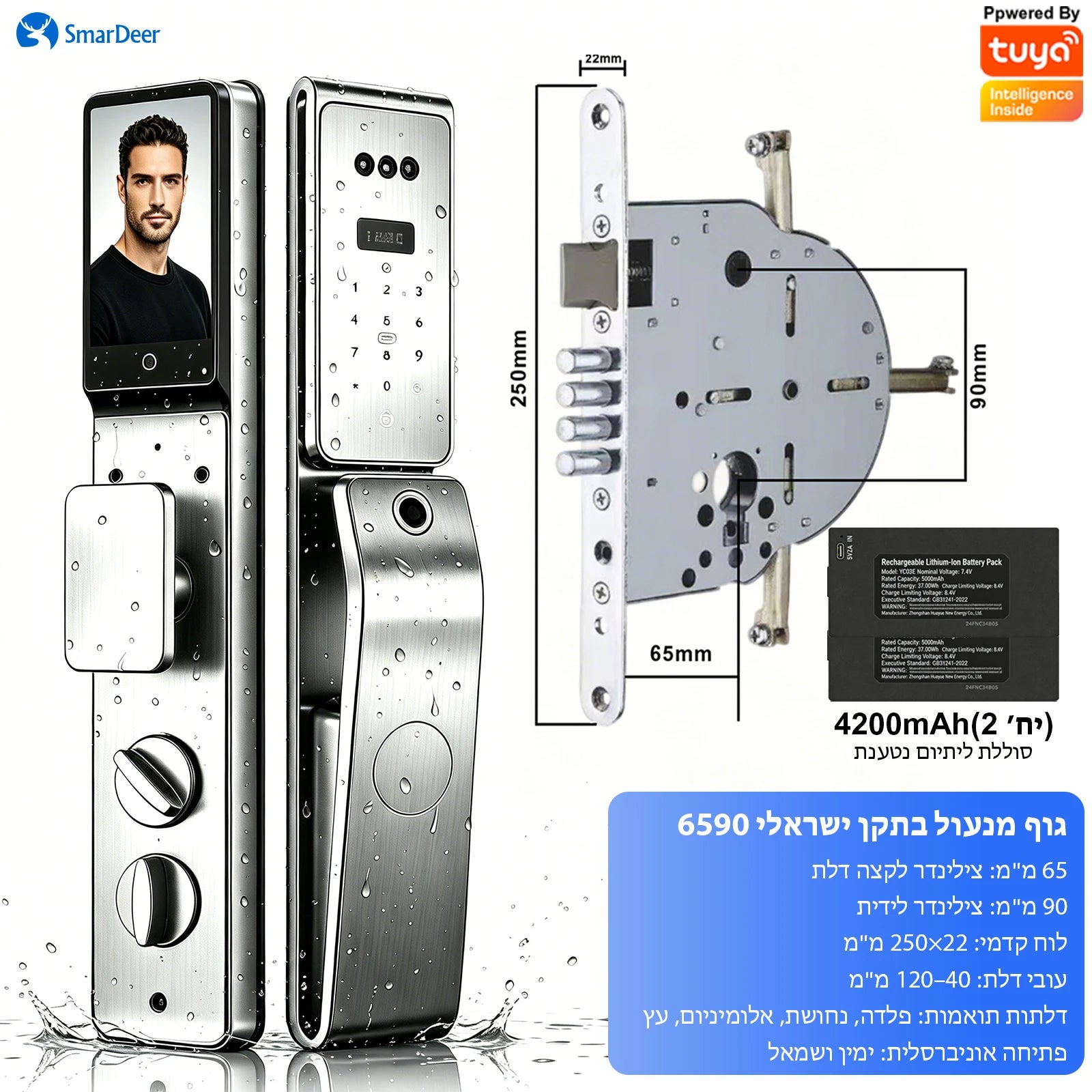SmarDeer IP66 Waterproof Smart Lock,3D Facial Recognition Fingerprint Door Lock,Tuya Electronic Door Lock for Israel Standard