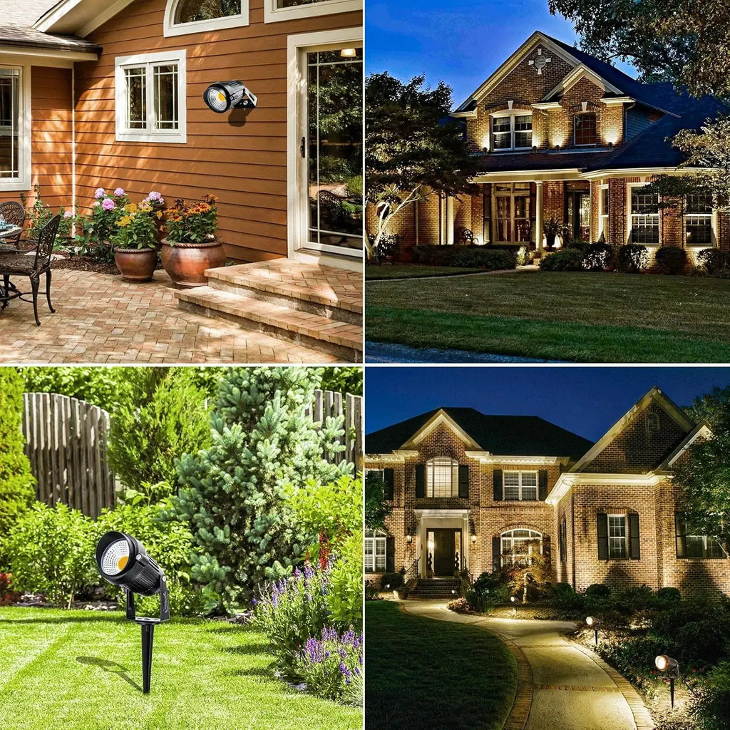 Outdoor LED landscape spotlights illuminating house exterior paths and garden plants