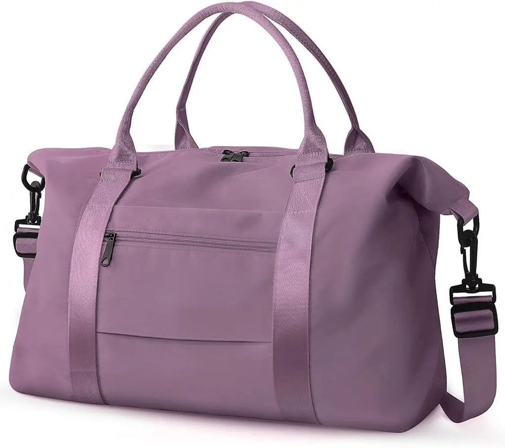 Large purple unisex duffle bag with shoulder strap, zippered front pocket, and customizable design for travel or gym.