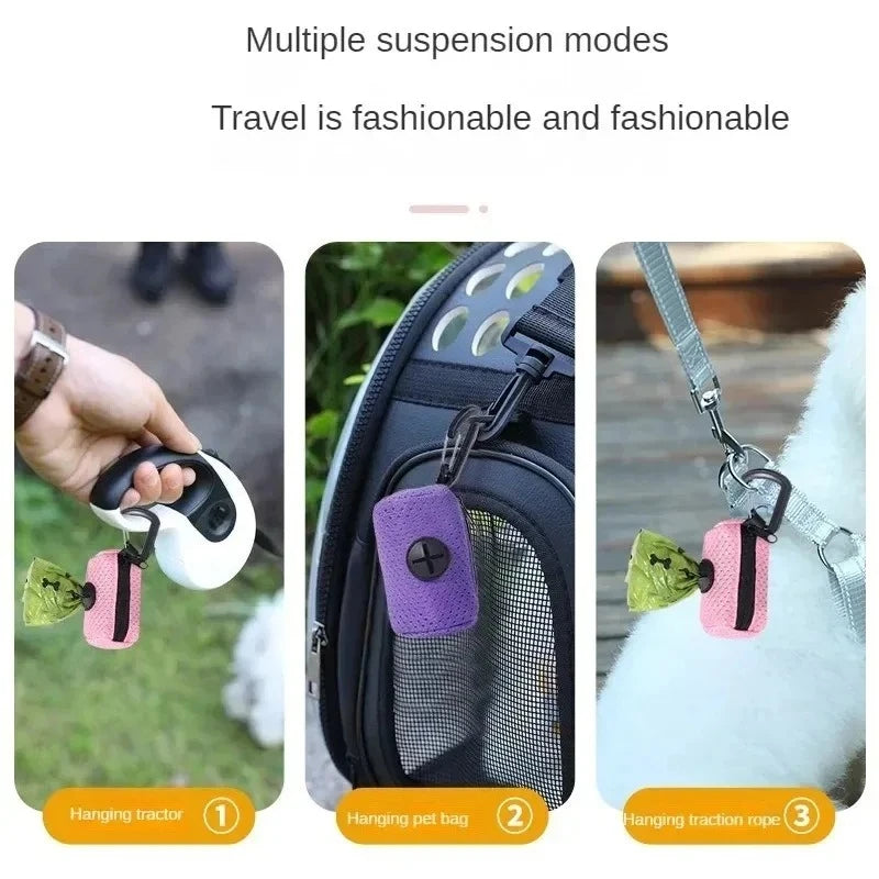 Portable mesh dog poop bag dispenser hanging on a leash, pet carrier, and handle for easy waste cleanup while walking.