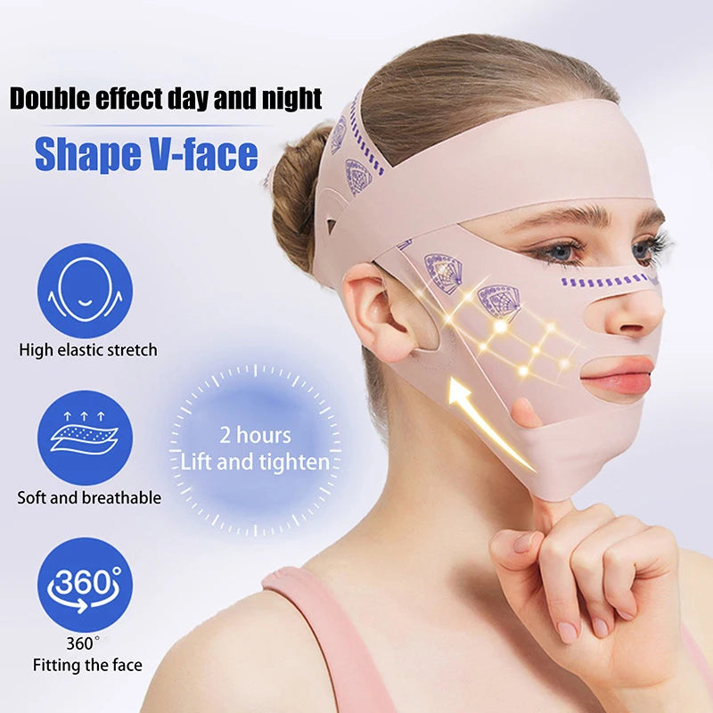 Woman wearing a nude double-deck face slimming bandage for V-line lifting and double chin tightening at home.