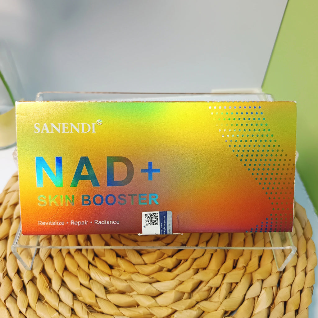 Sanendi NAD+ Complex Essence Set: 5-pack brightening facial skin booster in a vibrant holographic gradient box.