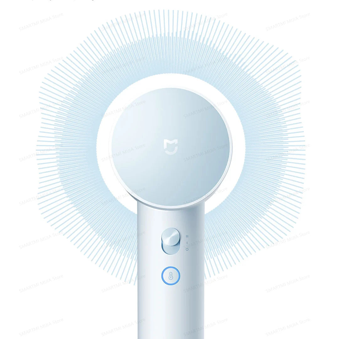 Light blue MIJIA high-speed hair dryer with powerful airflow, sleek minimalist handle, and easy-to-use control buttons.