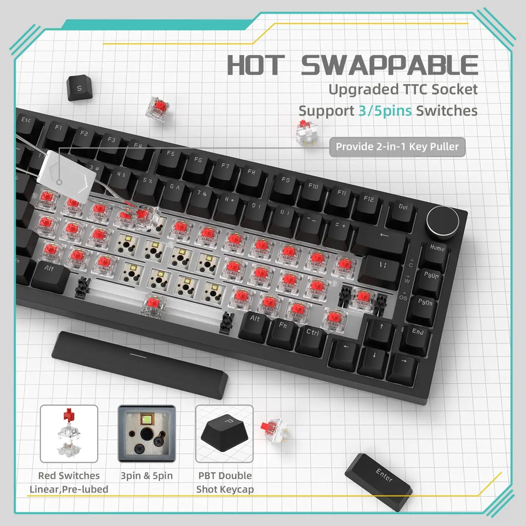 AJAZZ AK820 Wired Gaming Keyboard Red Switch 75% Layout Ergonomic Hot-swappable Detachable Cable