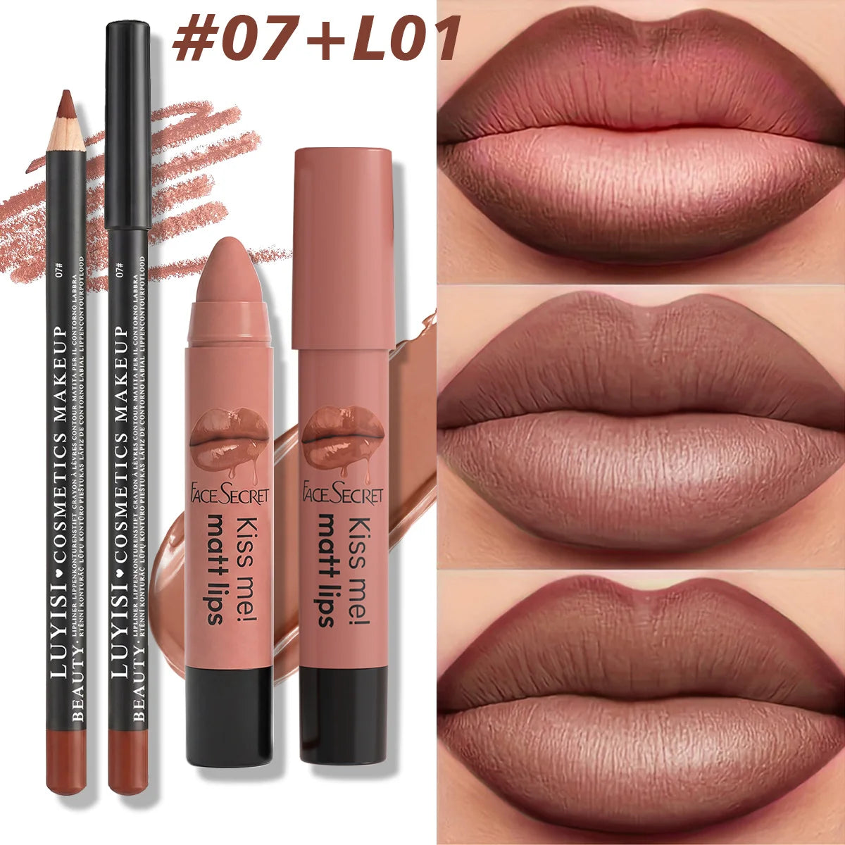 Professional lip liner and matte lipstick kit in a buildable, high-pigmented brown nude shade for long-wear makeup.