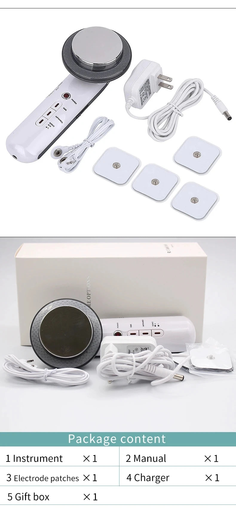 White handheld slimming massager with metal head, EMS electrode pads, charger, and white gift box.
