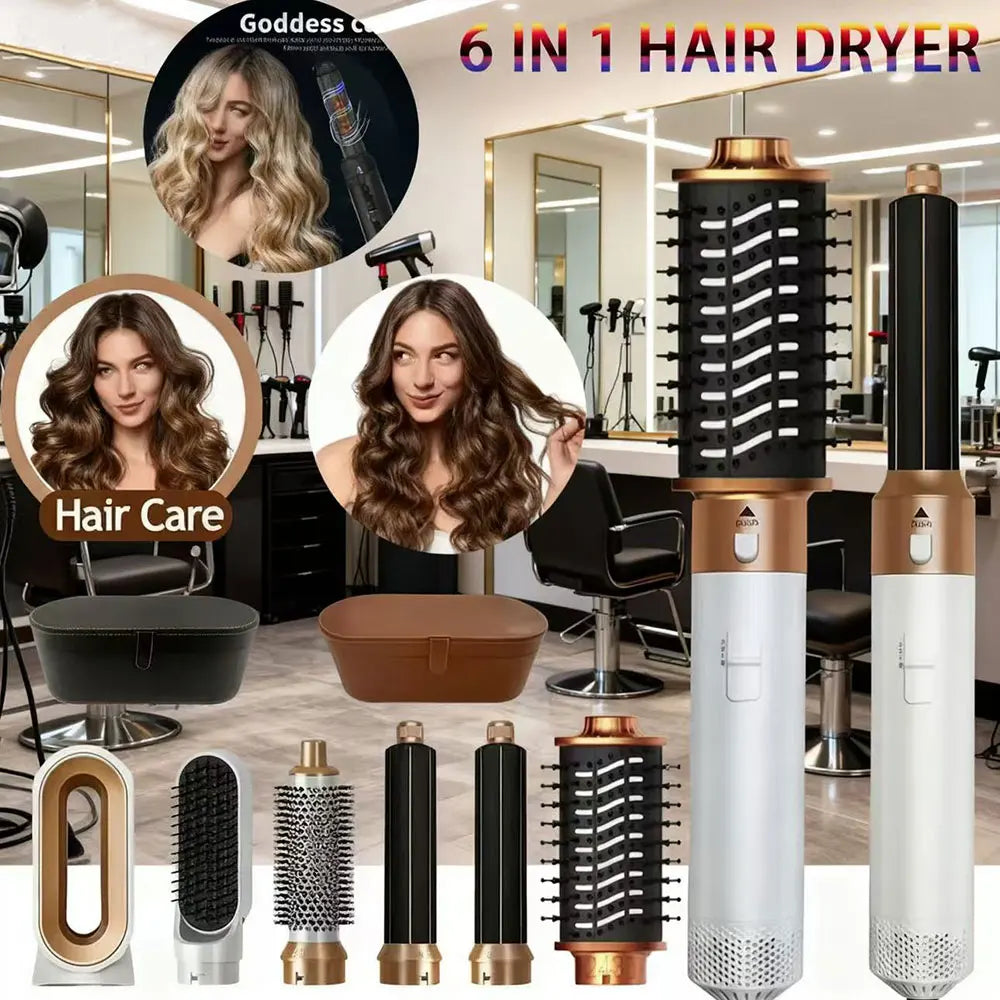 6-in-1 hair dryer brush set in white and gold with multiple styling attachments and storage case for salon blowouts.