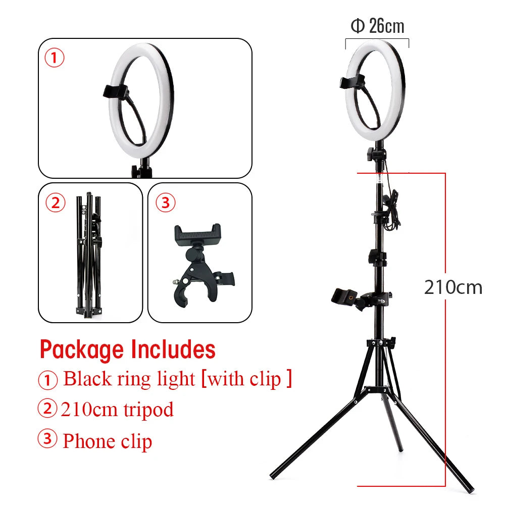 26cm ring light with a 210cm black tripod stand and phone clip for photography and video lighting.