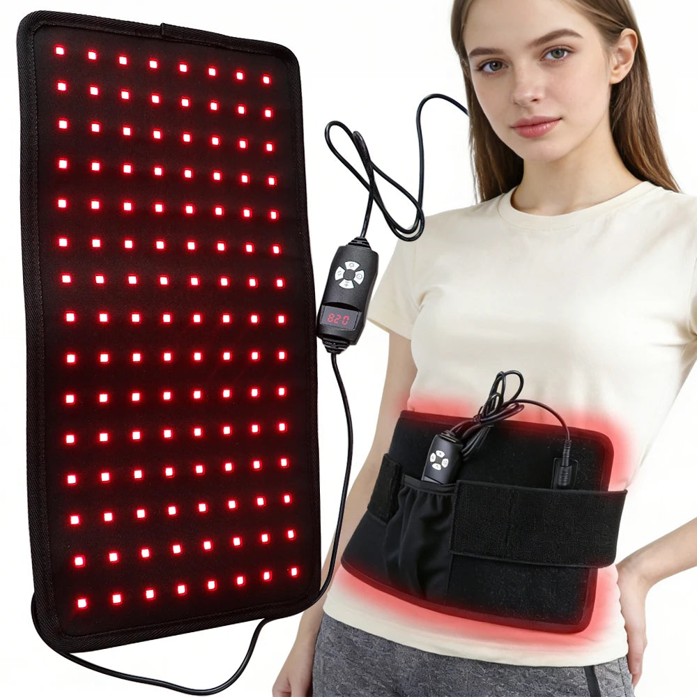 Red light therapy belt with a digital controller, shown flat and worn around the waist for pain relief.
