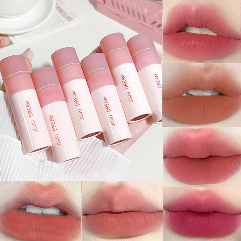 JUJU DREAM 6-color matte lip glaze set with velvet, non-stick, long-lasting finish and varied pink and nude shades.