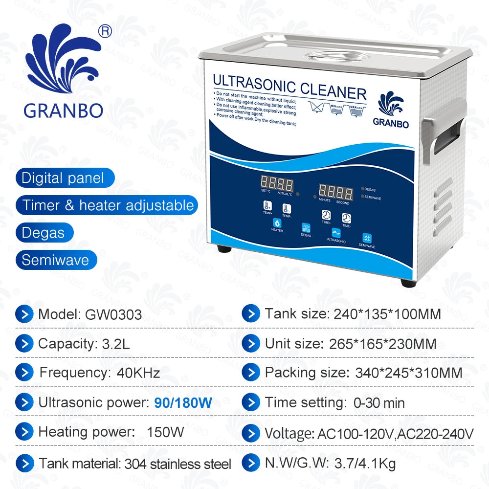 Ultrasonic jewelry cleaner, white with blue digital control panel