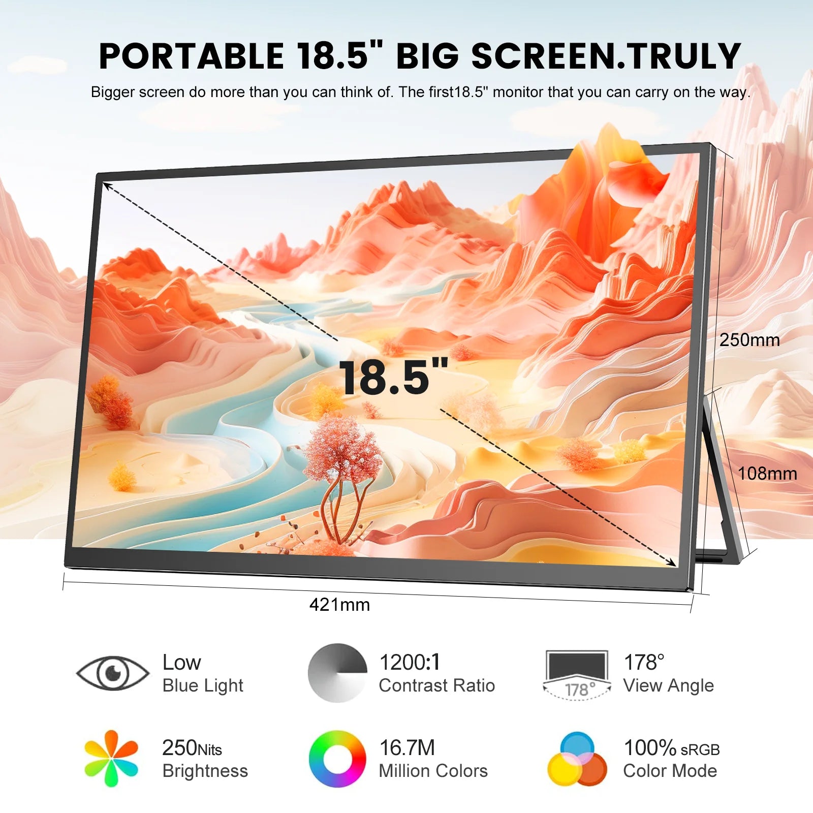 WonTim 18.5Inch Portable Monitor 100Hz Gaming Screen USB-C 100%sRGB 350Nits Display with Stand for PC Laptop Mac Xbox PS5 Switch