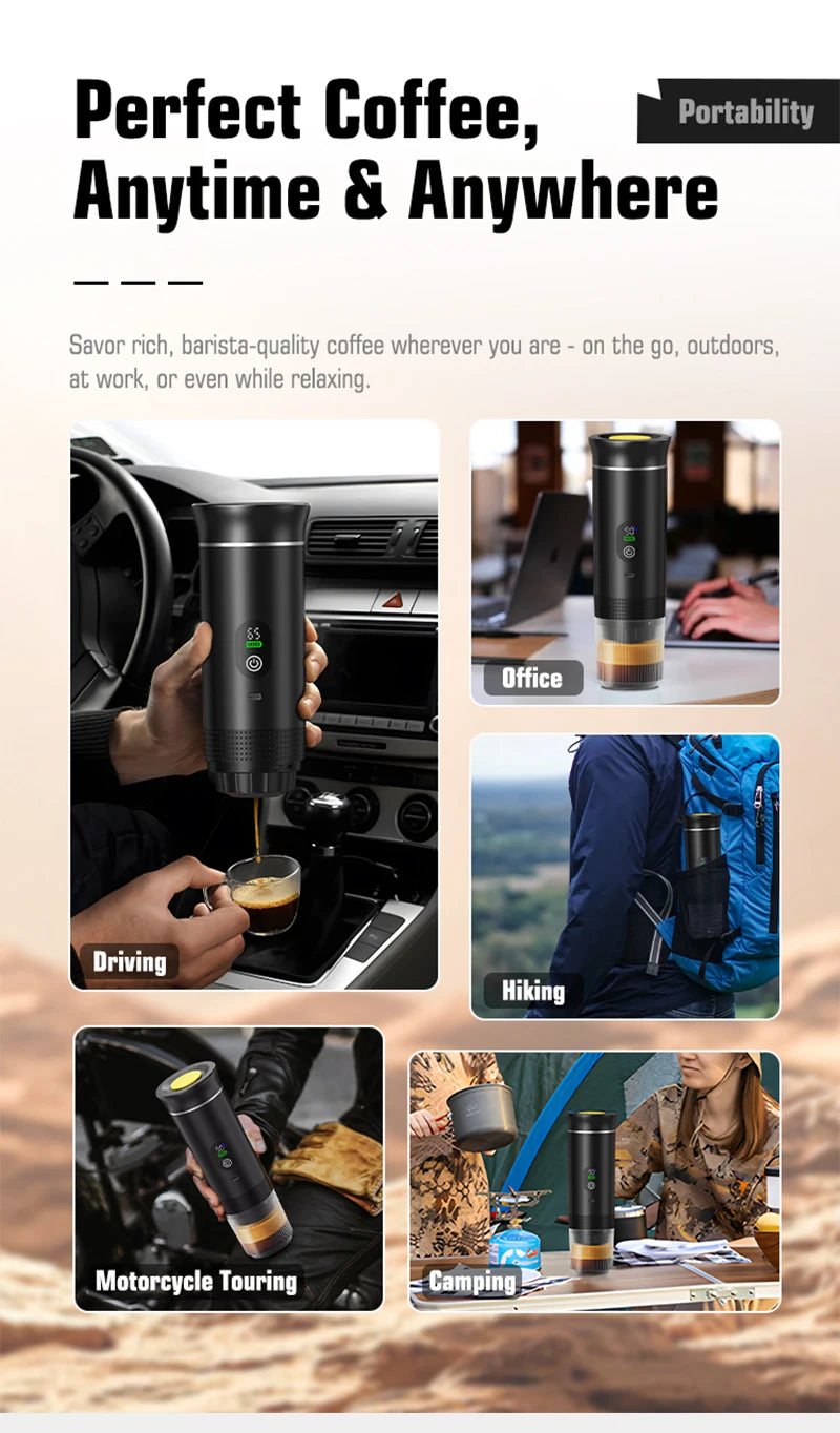Black portable coffee maker for travel, office, and camping featuring digital temp display and compact design.