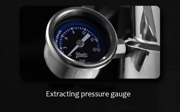 Stainless steel Binco espresso machine pressure gauge with blue dial for monitoring extraction bars.