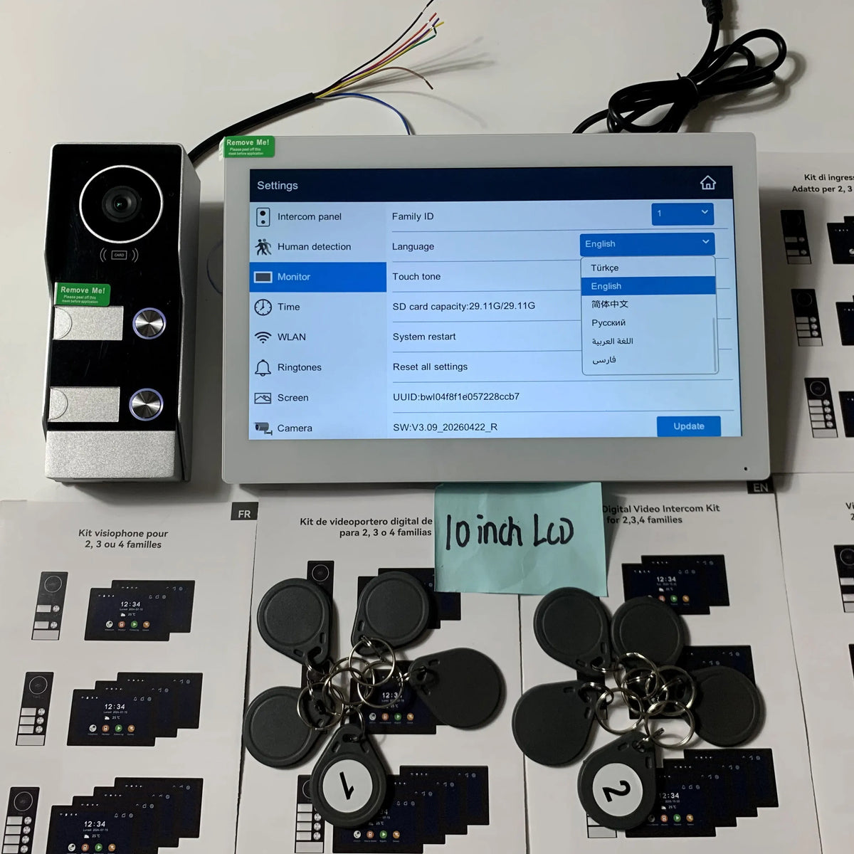 WiFi video intercom monitor with settings screen, door camera, and RFID key fobs