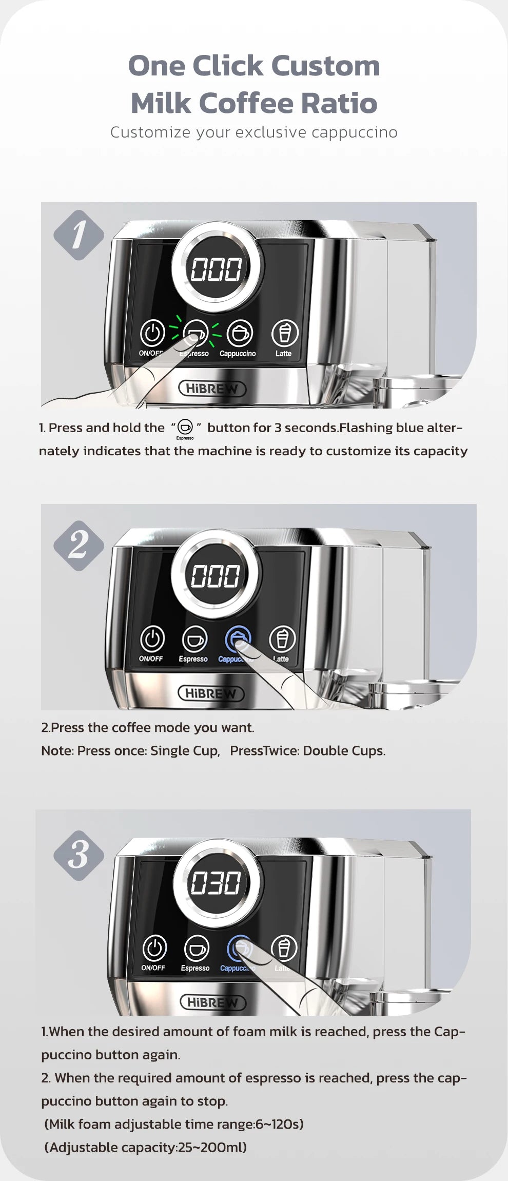 HiBREW espresso machine control panel with LED display, buttons for coffee modes, and milk froth time customization.