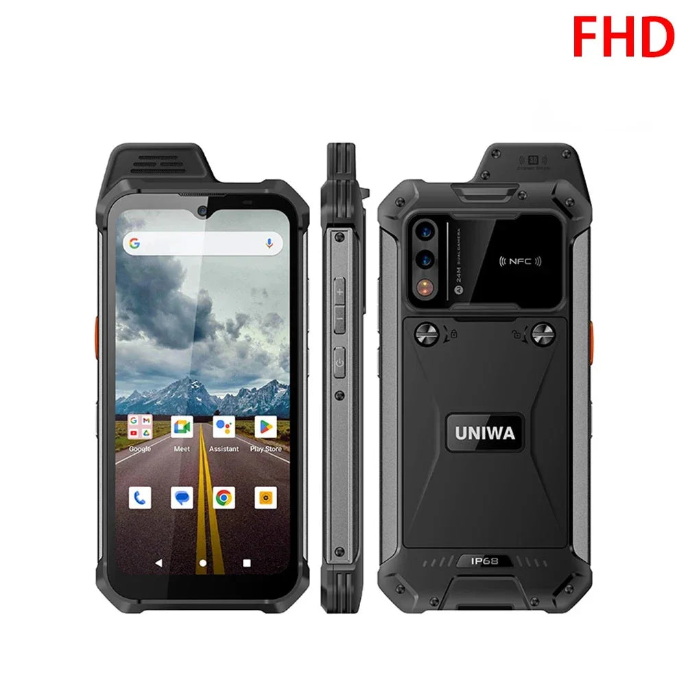 UNIWA W999 black rugged smartphone showing front, side, and rear views, IP68 rated, NFC, and PTT features.