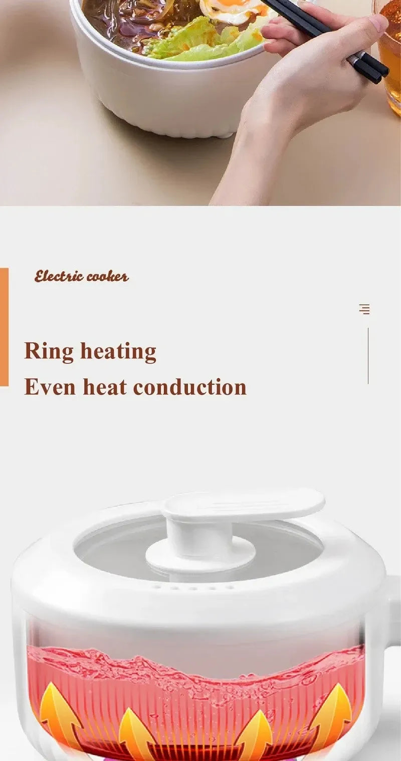 Electric cooking pot with lid showing heating ring, steaming food inside