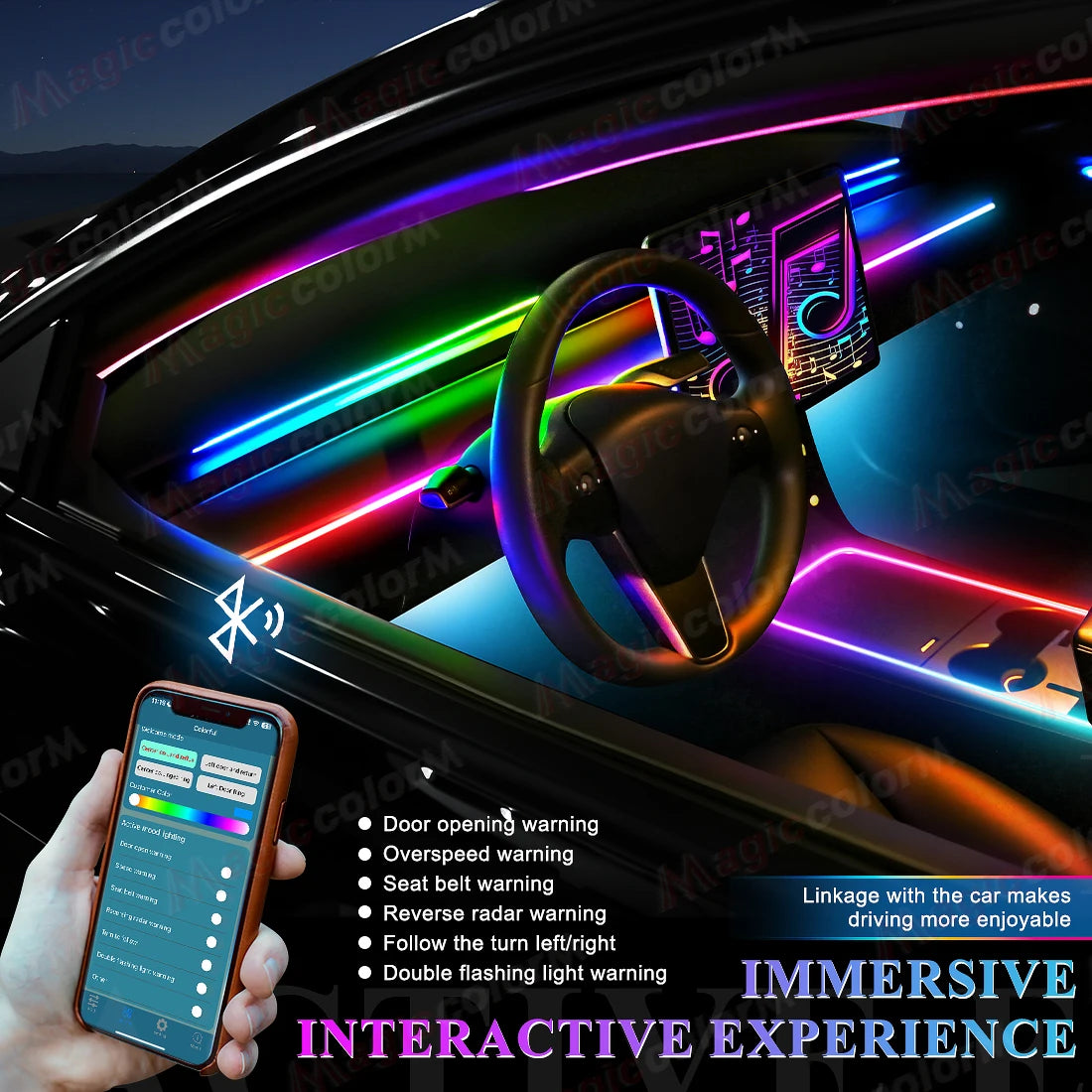 Car interior LED ambient lighting strips with Bluetooth app control, featuring multi-color dynamic accent lighting.